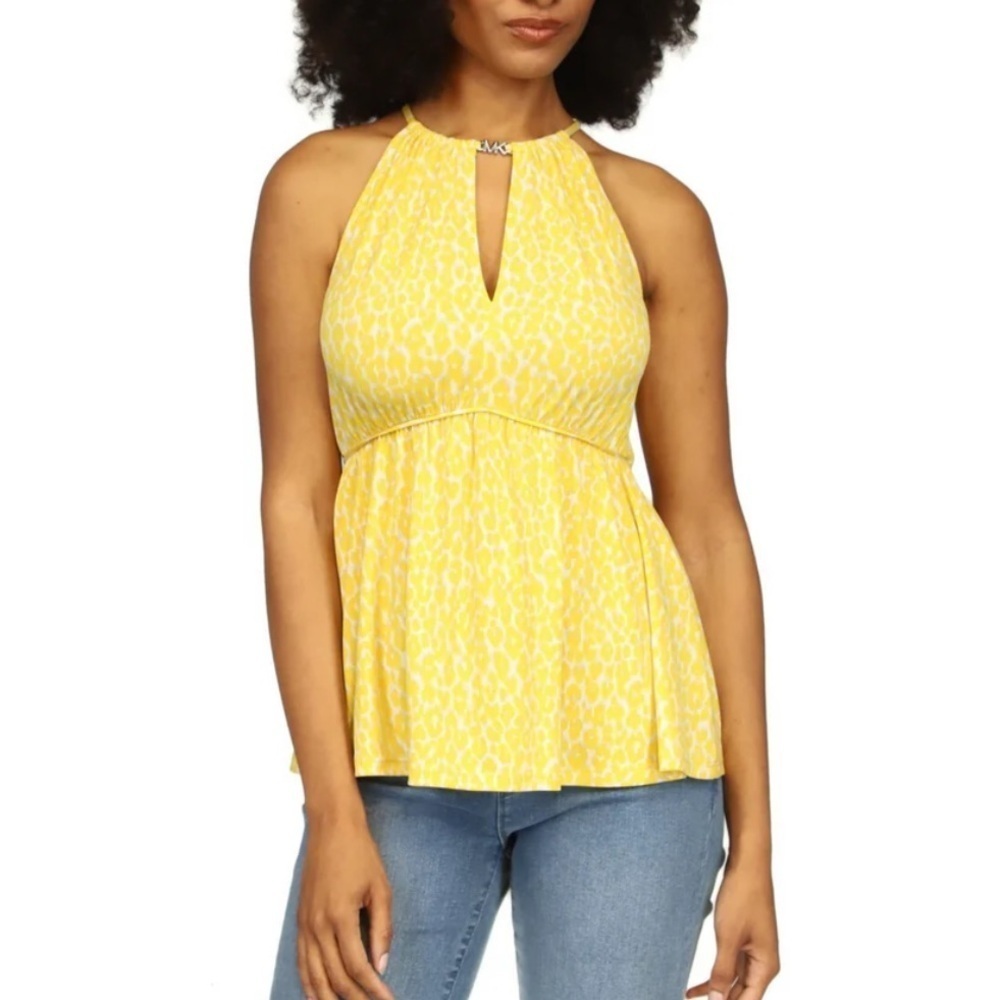 🆕 Michael Kors Animal Print Sleeveless Top Yellow White Size Small